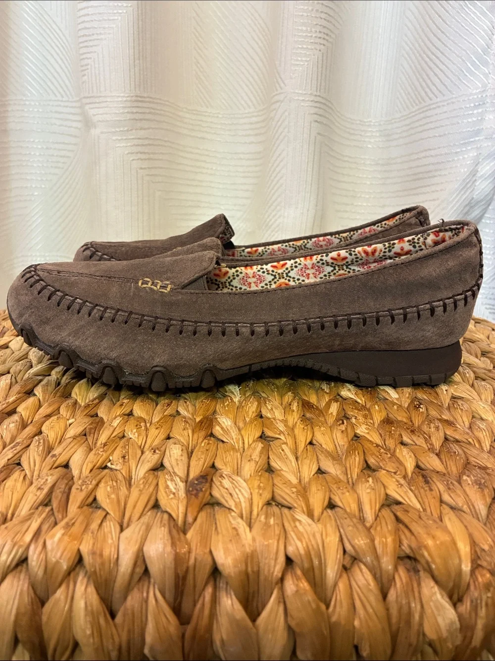 Skechers Brown Relaxed Fit Memory Foam Slip-Ons with Floral Lining